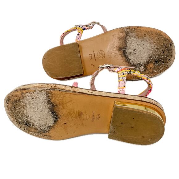 Chanel 2017 Fisherman Sandals Rope Tweed Cork Gold CC Label Plate Size 39.5 - Picture 5 of 15